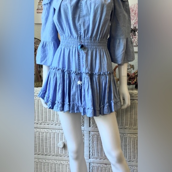 Miso Los Angeles 100% Cotton chambray ruffle tiered dress blue color Size - Picture 8 of 11